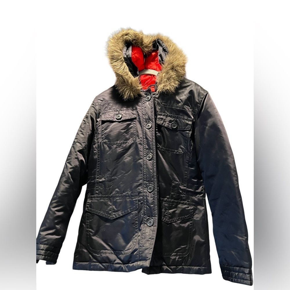 Gap water resistant black coat jacket with fur trimmed hood. Size small.